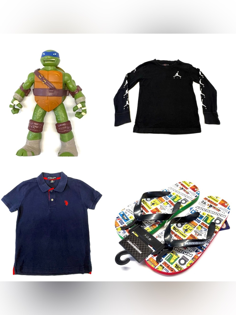 NWT Mario Kart Flip Flops 13-1, Jordan Long Sleeve, US Polo Assn &TMNT-Size8 Lot